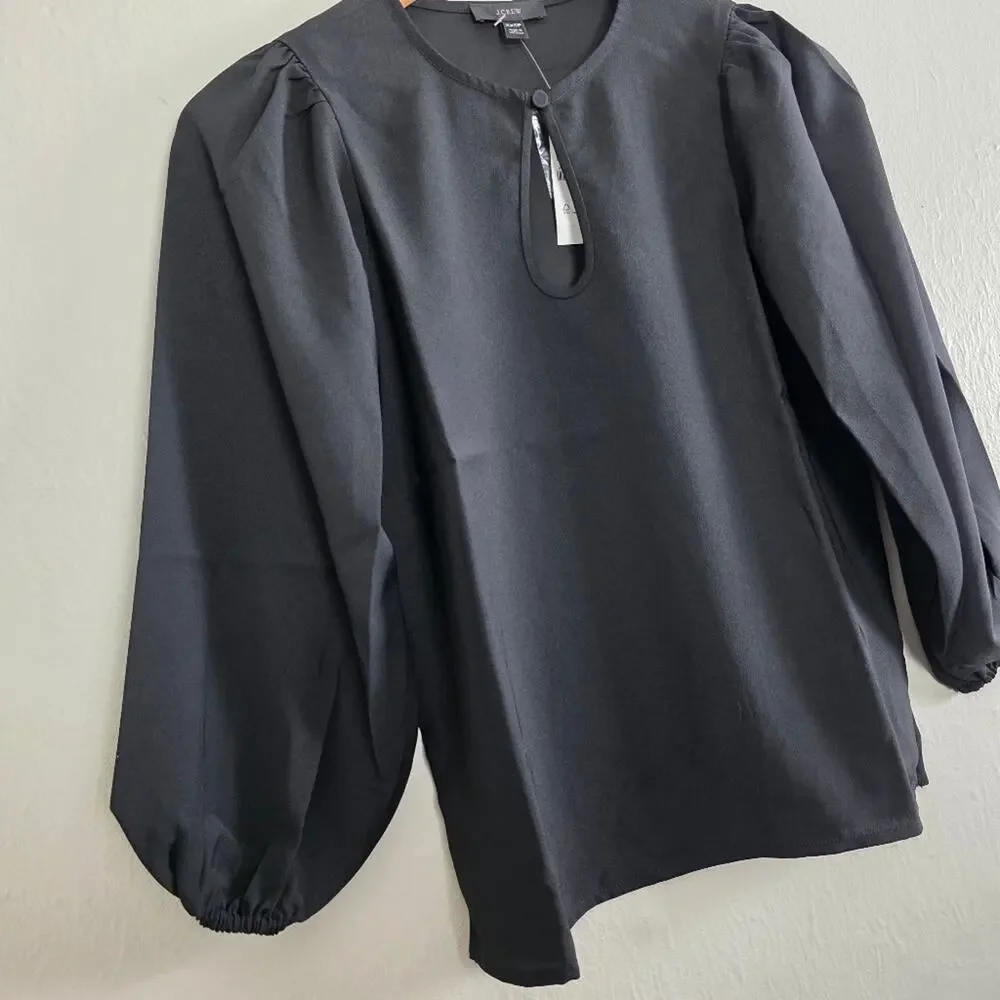 J. Crew Black Puff Sleeve Satin Back Crepe Blouse Top Size XXS Petite XXSP NWT